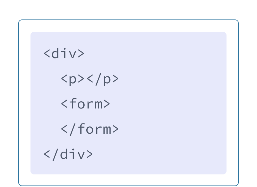 markup HTML dengan latar belakang berwarna ungu dan sebuah div dengan dua children tag: p dan form.