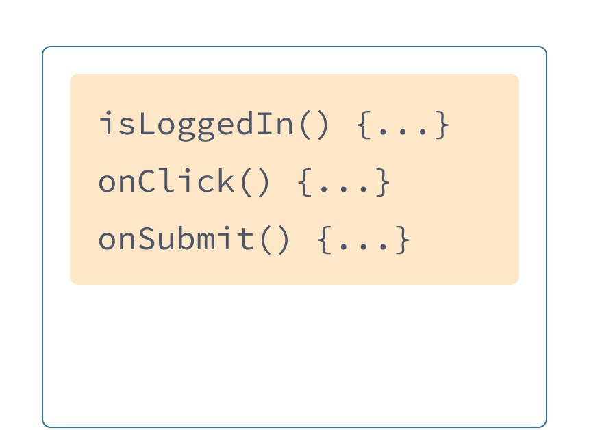 Tiga fungsi JavaScript dengan latar belakang kuning: onSubmit, onLogin, and onClick.